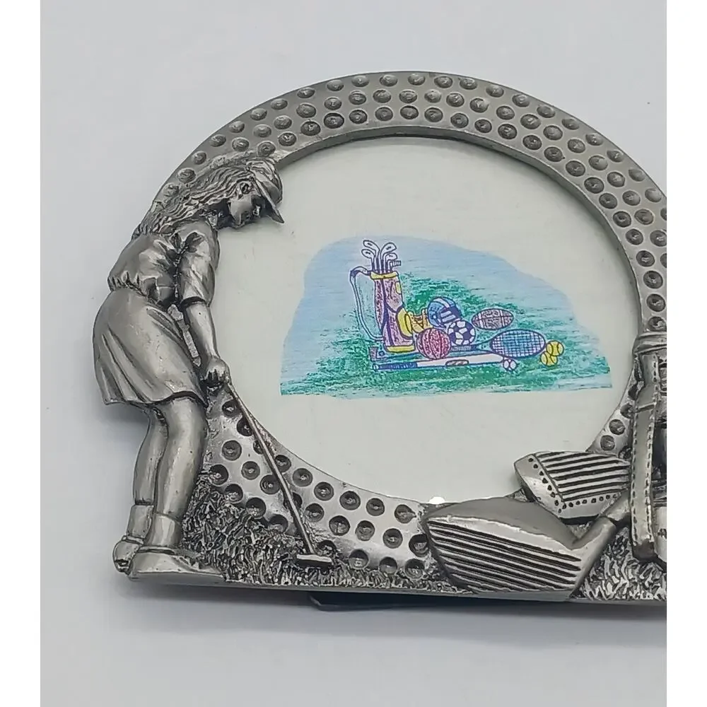 Round Golf Ball Pewter Picture Frame Figural Woman Golfing Clubs Bag Small